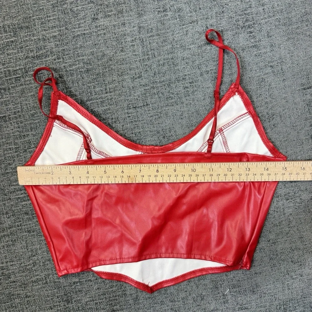 Shein Red Faux Leather Crop Top Womens Small Y2K Cami Zip Back Clubwear